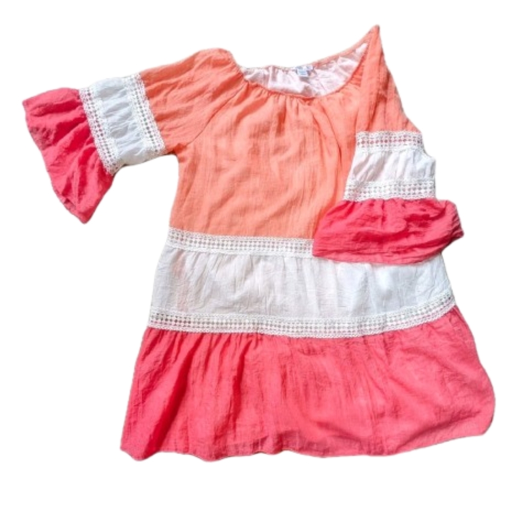 Vasna Cotton Blend Tiered Boho Dress Size M Pink Peach Lined